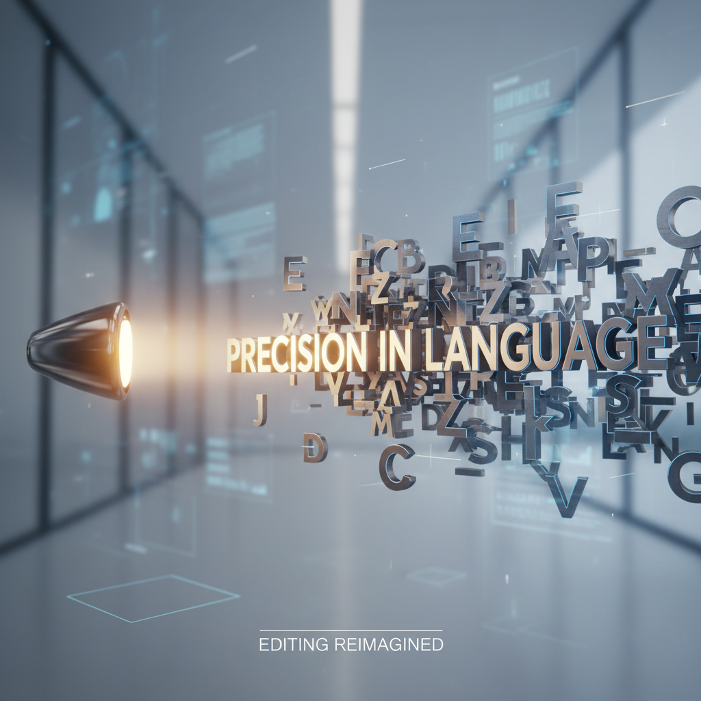 An artistic conceptual 3D render of letters and words floating in the air, being neatly organized into a straight line by a glowing light, symbolizing the process of writing correction.