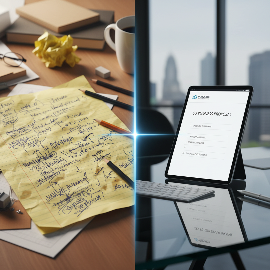 A split-screen composition showing a messy, handwritten draft on the left and a clean, perfectly formatted digital document on the right, high contrast and professional look.
