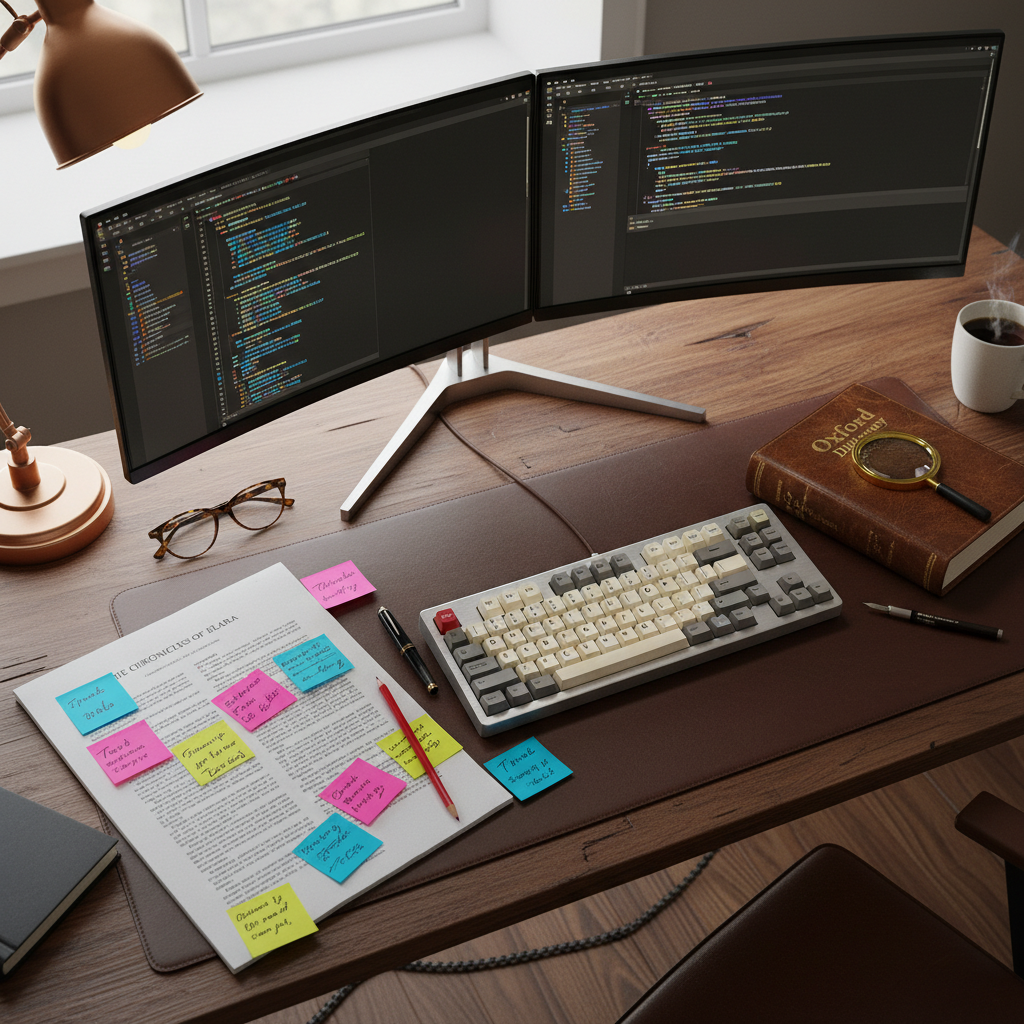 An overhead shot of a professional editor's workspace featuring a mechanical keyboard, a reference dictionary, and a printed manuscript with colorful sticky notes and markings.