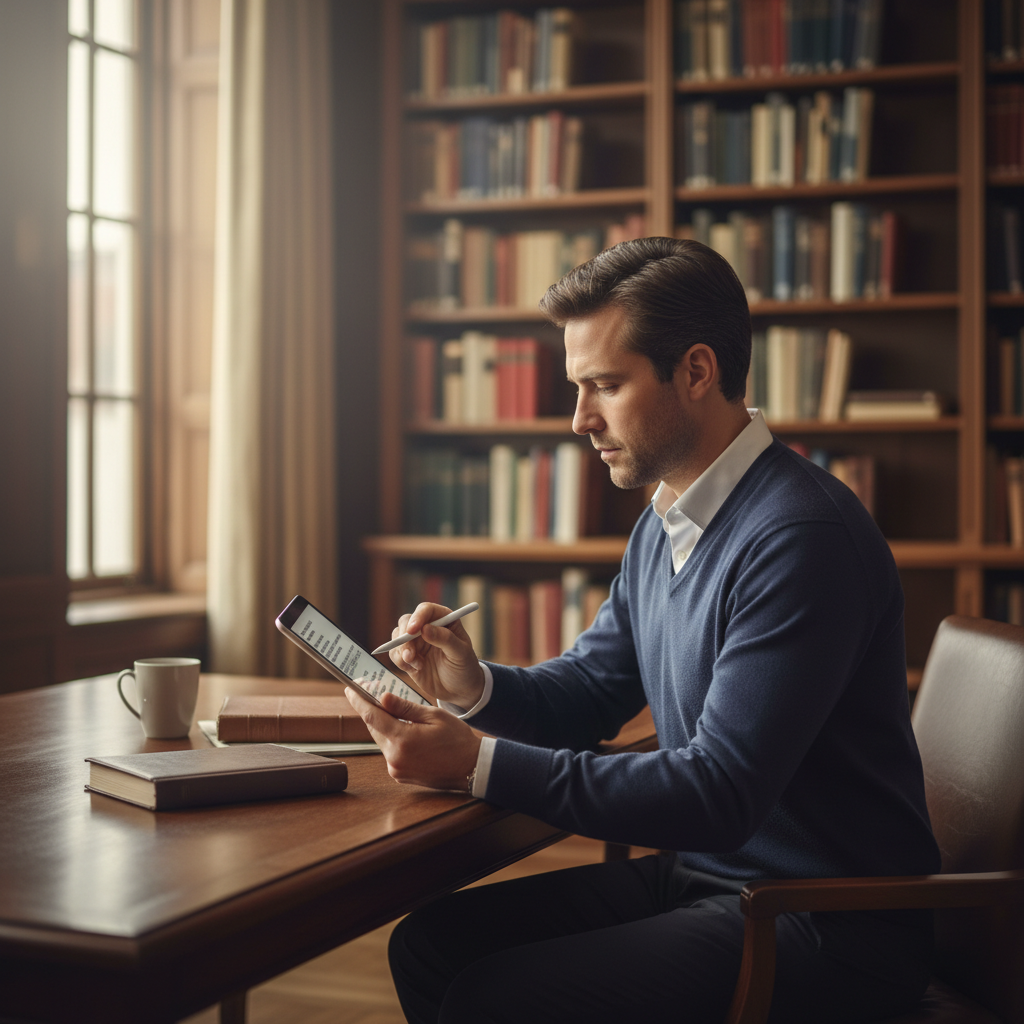 A serene library setting with a person intensely focused on a tablet screen, using a stylus to rearrange paragraphs, soft bokeh of bookshelves in the background.